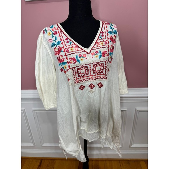 Johnny Was Embroidered Cotton Tunic Top Medium Pullover Embroidered 3/4 Sleeve - Picture 5 of 10